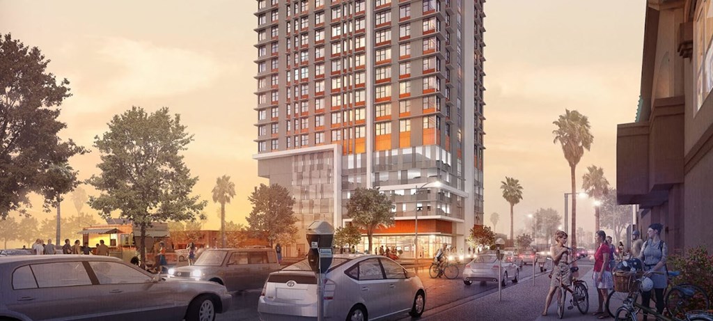 a rendering of a city street with cars and people and a tall building