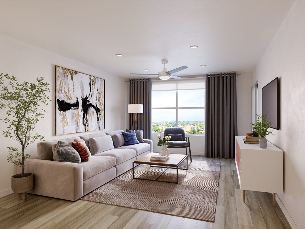 a living room with a couch and a table