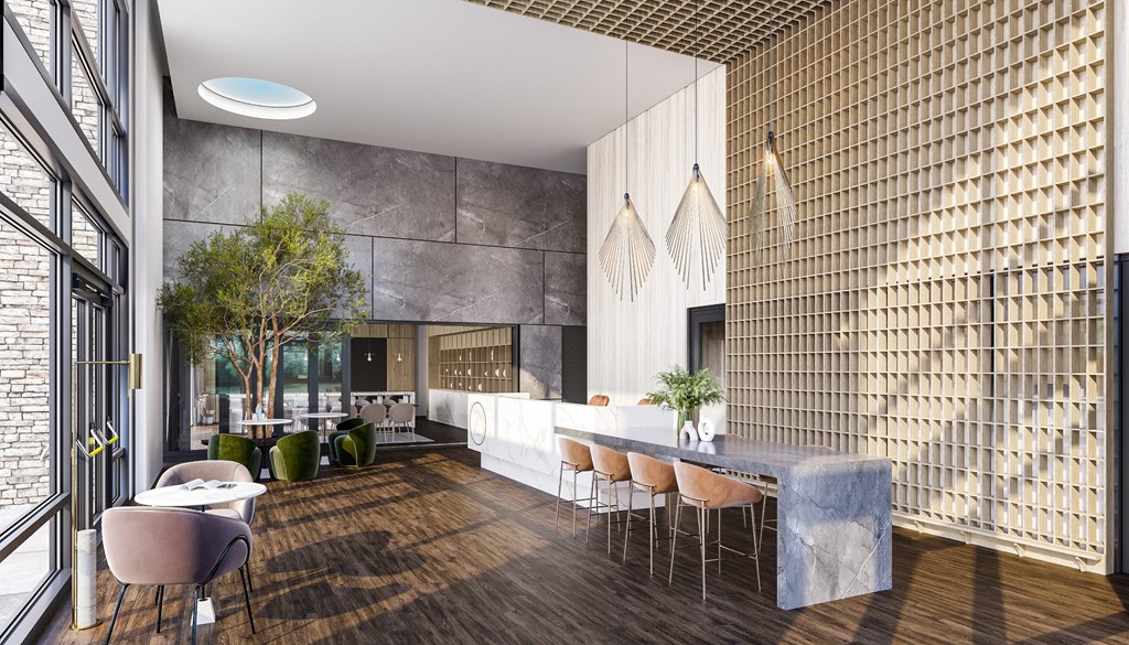 a rendering of a dining room with a long table and chairs