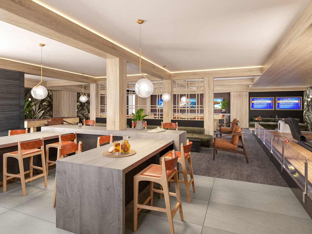 a rendering of a living room with a kitchen and dining room