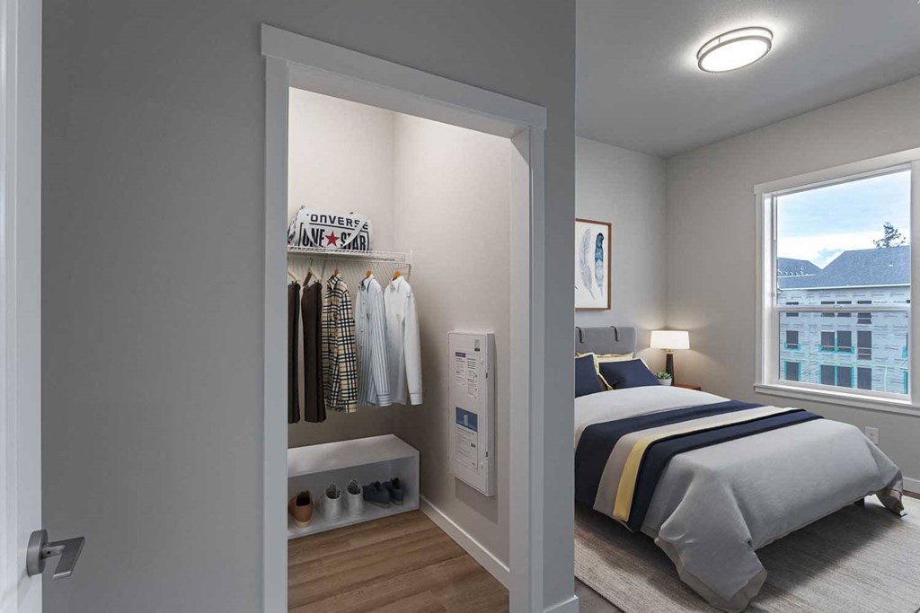 a rendering of a bedroom with a closet and a bed at The Farmstead, Vancouver