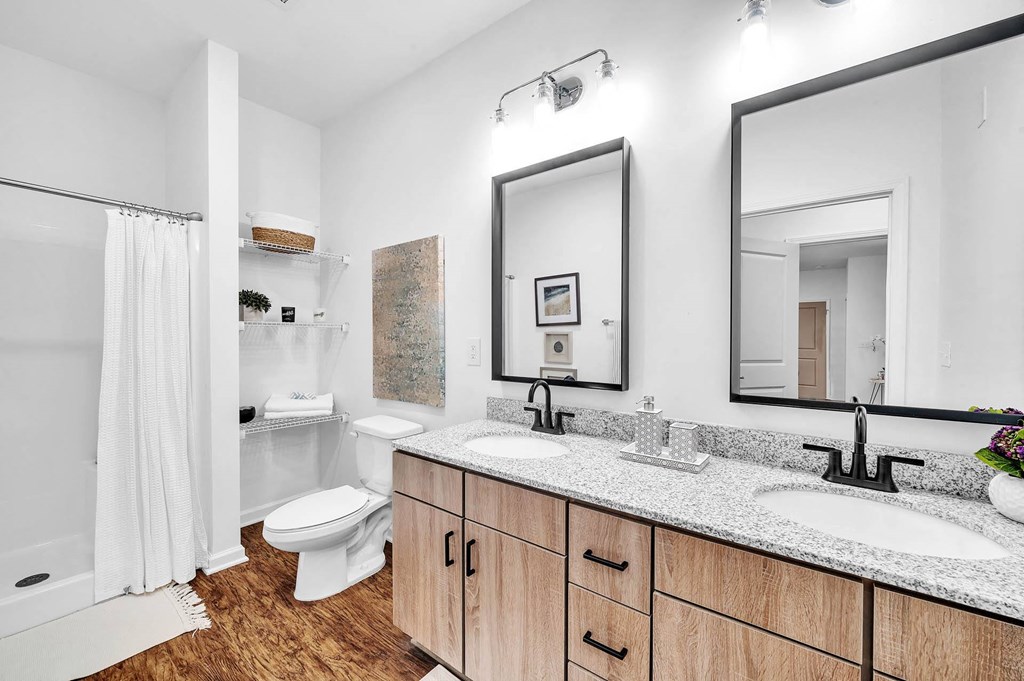 a bathroom with two sinks and a toilet