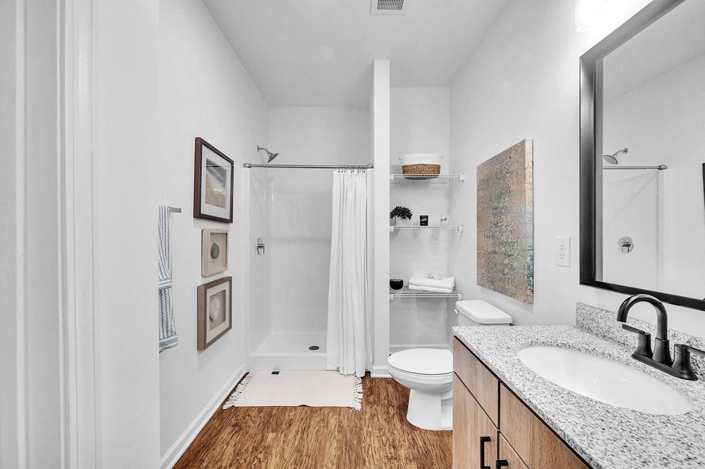 a bathroom with a sink and a toilet and a shower