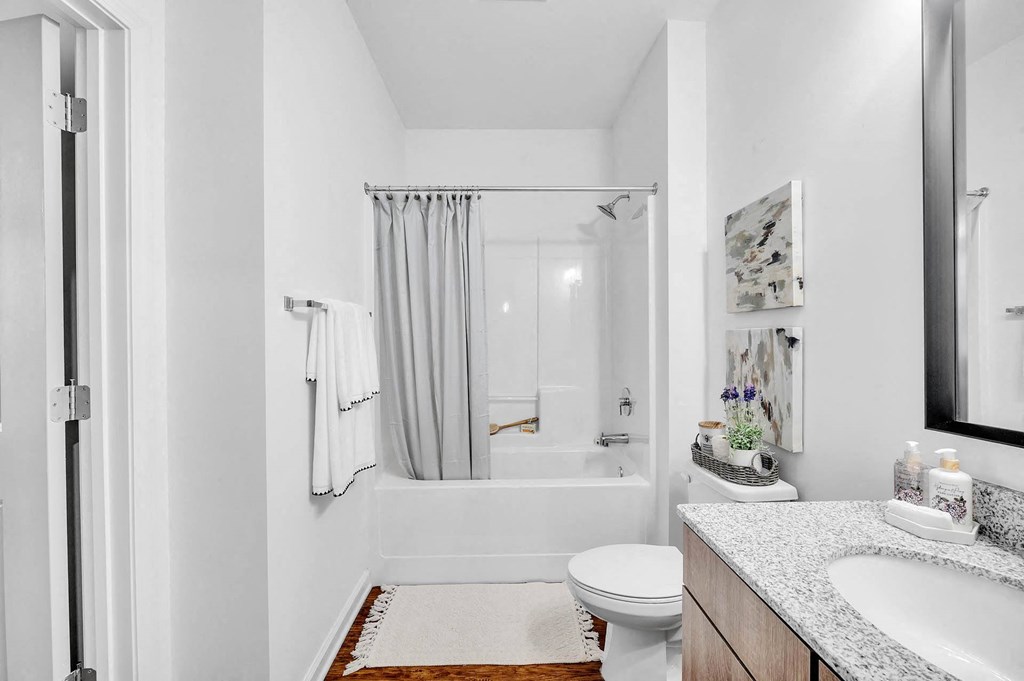 a bathroom with a shower and a toilet and a sink