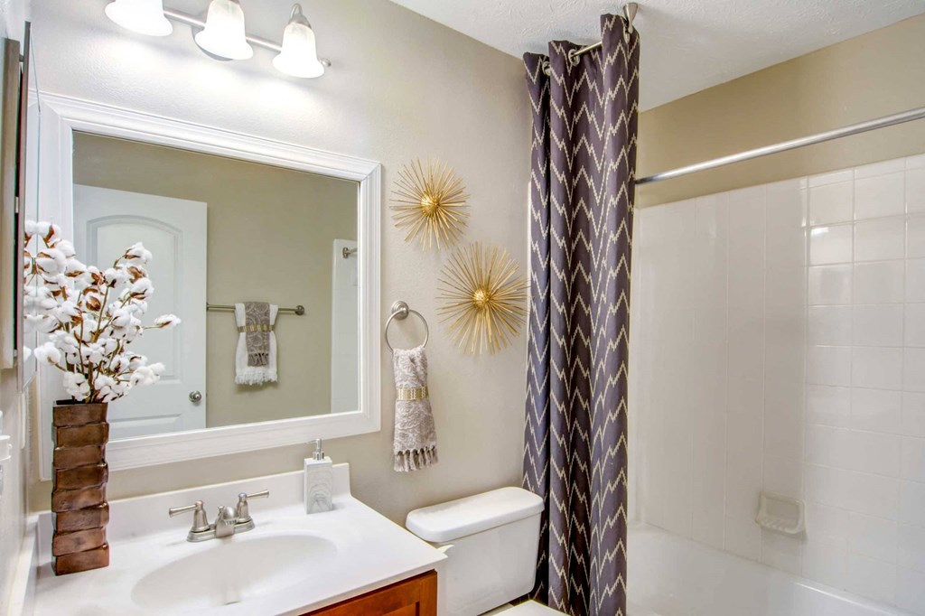 a bathroom with a shower and a sink and a mirror