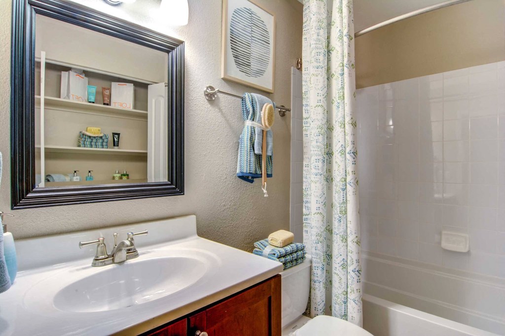 a bathroom with a shower and a sink and a mirror