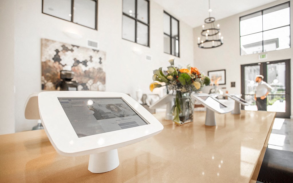 an sits on a table in a hotel lobby