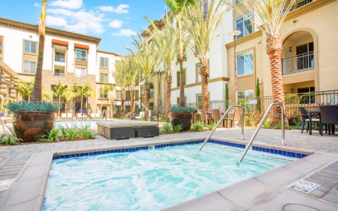 a swimming pool with palm trees and apartments in the background