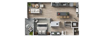 a 1 bedroom apartment with a bathroom and a living room