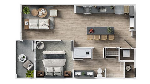 a 1 bedroom apartment with a bathroom and a living room