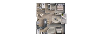 a 3d floor plan of a bedroom with a bathroom and living room
