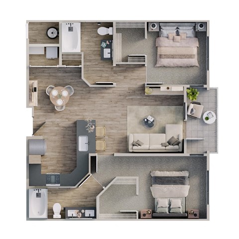 a 3d floor plan of a bedroom with a bathroom and living room