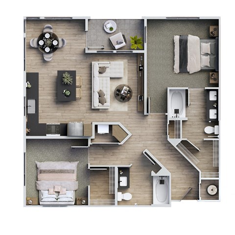 a 3d floor plan of a house with a bedroom and living room