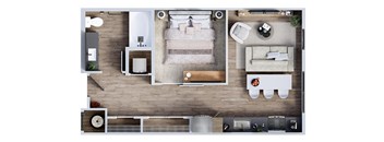 a floor plan of a bedroom with a bed and a living room