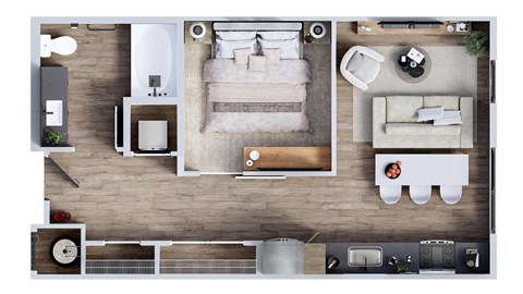 a floor plan of a bedroom with a bed and a living room
