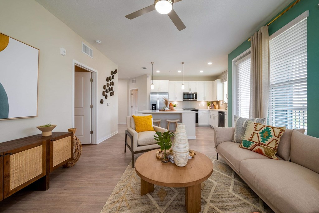 a living room with a couch and a table
