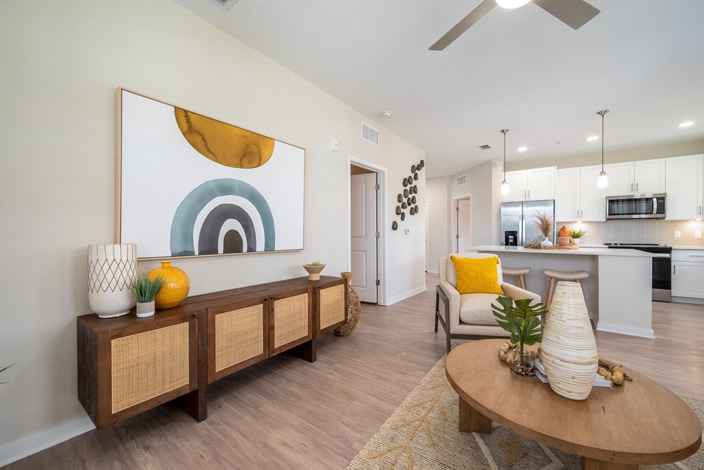 a living room with a couch and a table