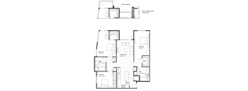 three floor plan of a modern house with a pool and a garage