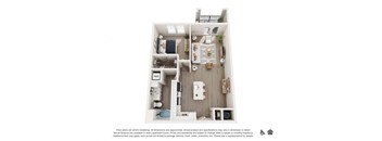 A floor plan of a small apartment with a kitchen, living room, and bedrooms.