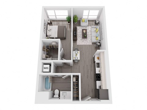 a stylized floor plan with a bedroom and a bathroom