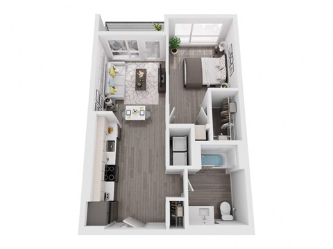 a stylized floor plan with a bedroom and a bathroom