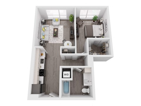 a stylized floor plan with a bedroom and a bathroom