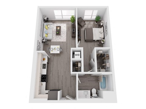 a rendering of the interior of a house with a bedroom and a living room
