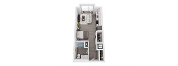 a stylized floor plan with a bedroom and a bathroom
