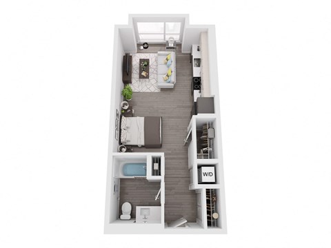 a stylized floor plan with a bedroom and a bathroom