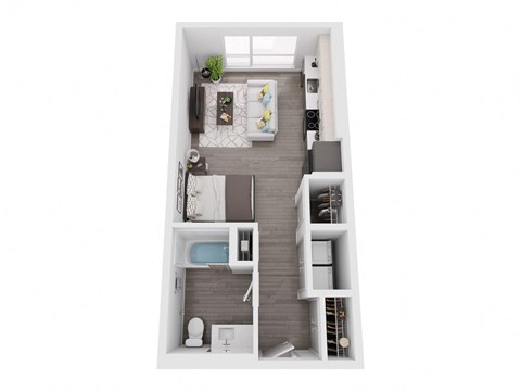 a stylized floor plan with a bedroom and a bathroom