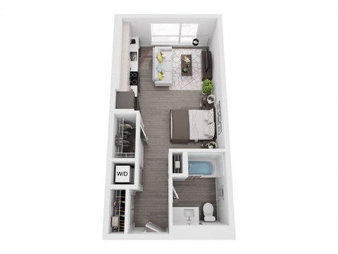 a stylized floor plan with a bedroom and a bathroom