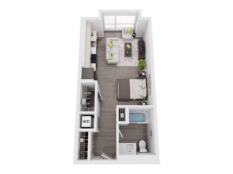a stylized floor plan with a bedroom and a bathroom