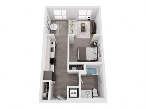 a stylized floor plan with a bedroom and a bathroom