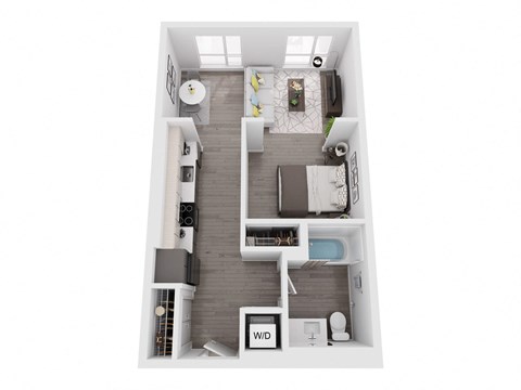 a stylized floor plan with a bedroom and a bathroom