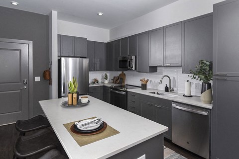 a kitchen with stainless steel appliances and gray cabinets