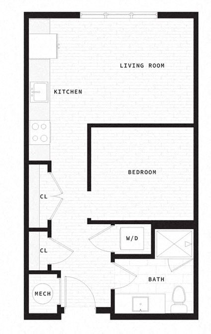 the floor plan of a small apartment with a kitchen and a living room