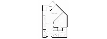 a floor plan of a living room with a bedroom and a kitchen