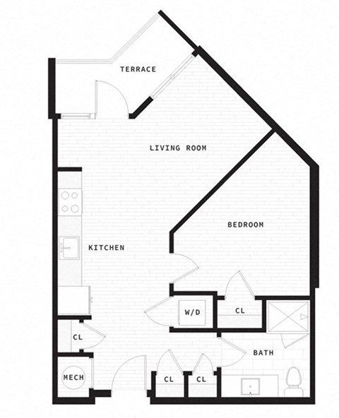 a floor plan of a living room with a bedroom and a kitchen