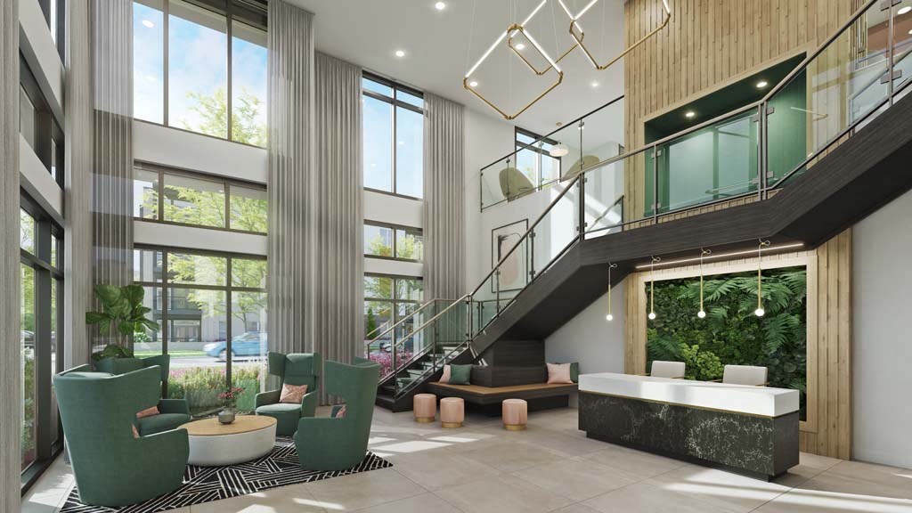 a lobby with a staircase and large windows