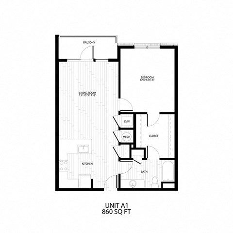 floor plan of the unit at 860 sq ft