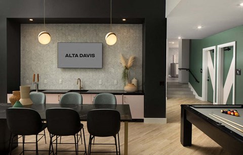 Clubhouse kitchen with bar at Alta Davis, Durham, 27703