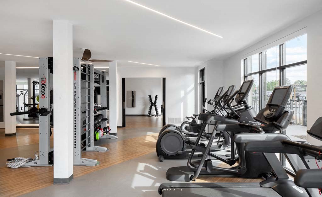 the gym has plenty of exercise equipment and large windows