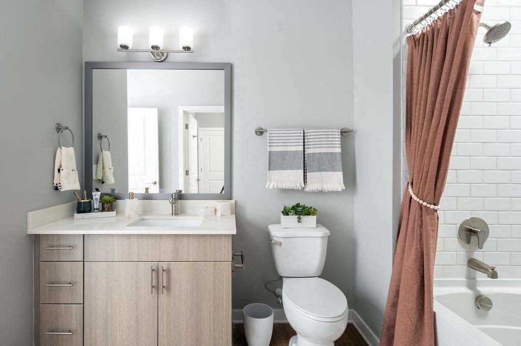 a bathroom with a shower curtain and a toilet and a sink