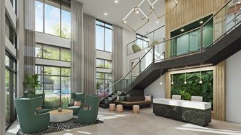 a rendering of a lobby with a staircase and large windows