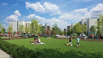 a rendering of a park with people playing on the grass
