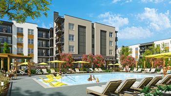 a rendering of a swimming pool in front of an apartment building