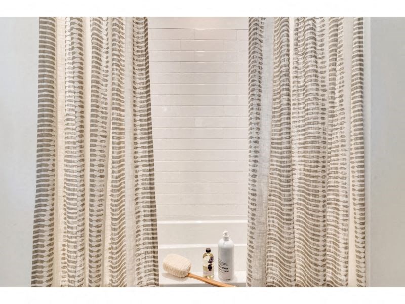 a bathroom with a shower curtain and a white tub