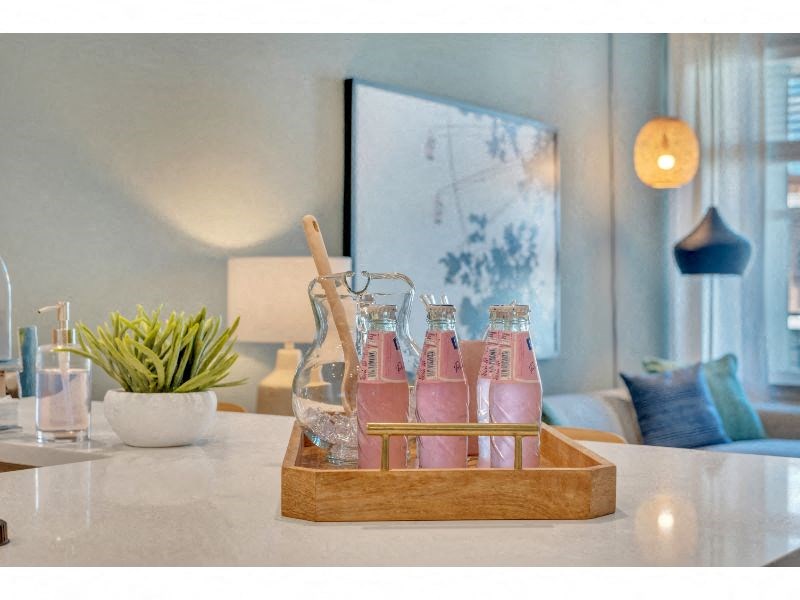 a tray of pink drinks on a counter in a living room