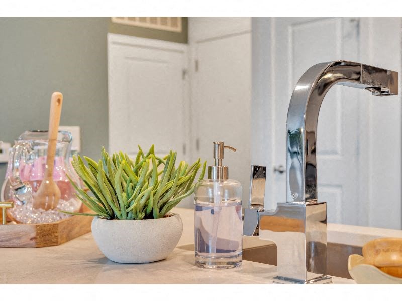 a kitchen counter with a sink and a plant