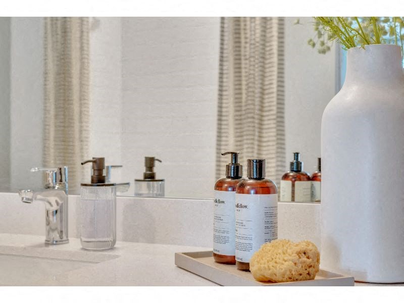 a white vase sitting on a bathroom counter next to a mirror